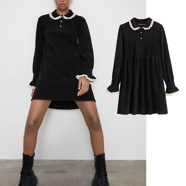 

casual dresses woman diamonds lace fashion long sleeve turn-down collar ladies vestidos spring mini y06p, Black;gray