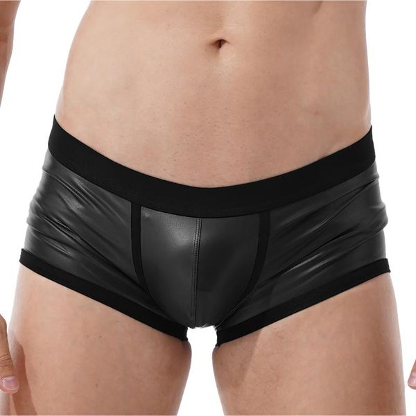 

men's shorts mens faux leather boxer male swimming trunks swimwear bulge pouch elastic waistband underpants for stage performance, White;black