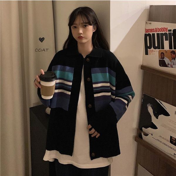 

women's knits & tees casual bf style loose striped cardigan jacket simple long sleeve single breasted women 2021 spring autumn outerwea, White
