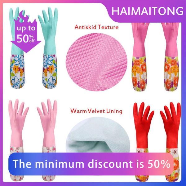 

disposable gloves flower rubber velvet long household antiskid dish washing cleaning