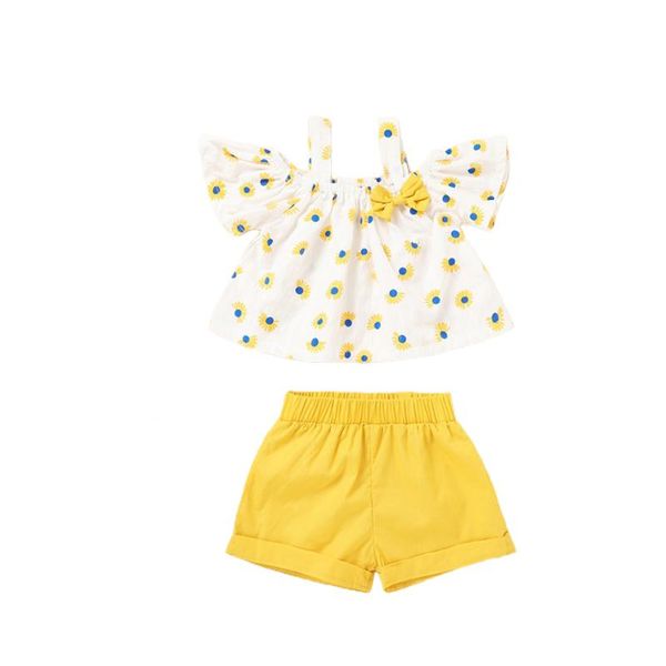 

citgeesummer 1-4years kids girls short sleeves and shorts set sweet sunflower t-shirt solid color pants clothing sets, White