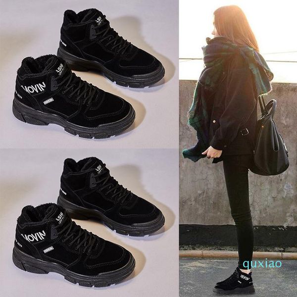 

boots 2021 winter plush for women student all-match keep warm low heels lace-up short, Black