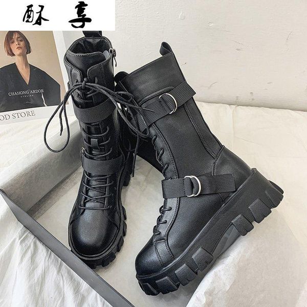 

boots 2021 women mid-calf autumn winter punk genuine leather ankle zipper cross-tied riding high heels shoes woman, Black