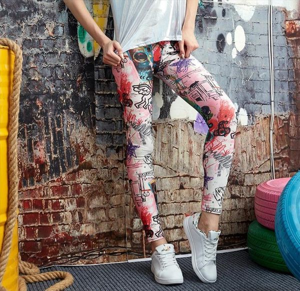 

summer style color angel women legging graffiti printed running sport casual, Black