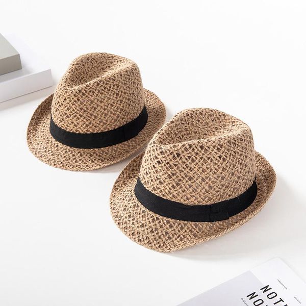 

wide brim hats women's hat summer hollow linen straw jazz beach shade men's, Blue;gray