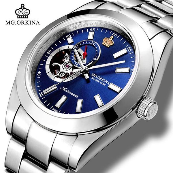 

mens business automatic mechanical waterproof watches mg.orkina silver stainless steel 316l 40mm luminous hands watch clock wristwatches, Slivery;brown