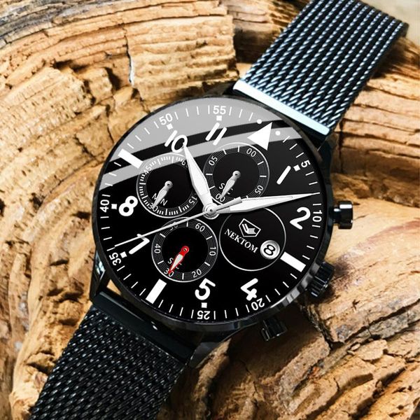 

wristwatches nektom men watches fashion sport quartz watch chronograph steel mesh belt waterproof wristwatch gifts custom, Slivery;brown