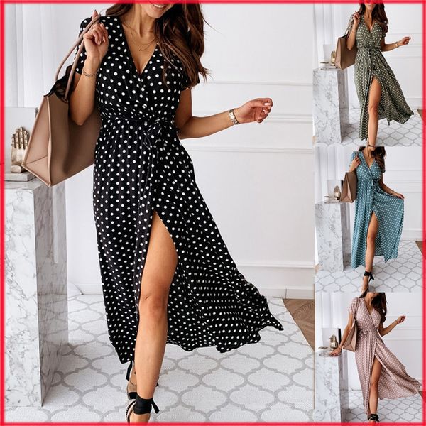 

women dresses summer 2021 fashion polka dot split boho dress women clothing casual beach vacation long dresses vestido de mujer, Black;gray