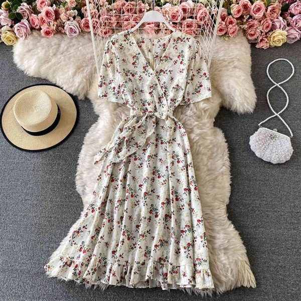 

summer vintage puff sleeve lace up waist v-neck floral dress for womens high ruffle midi print vestidos 210420, Black;gray