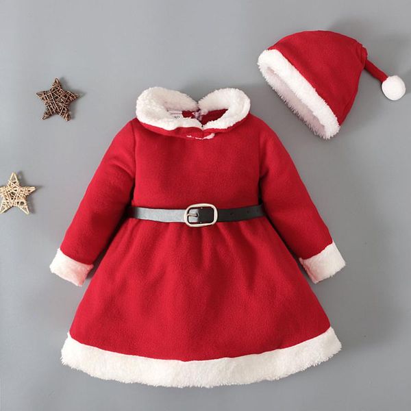 

girl's dresses toddler baby girls christmas +belt +hat for party costume clothes thick warm princess dress girl clothing sets, Red;yellow