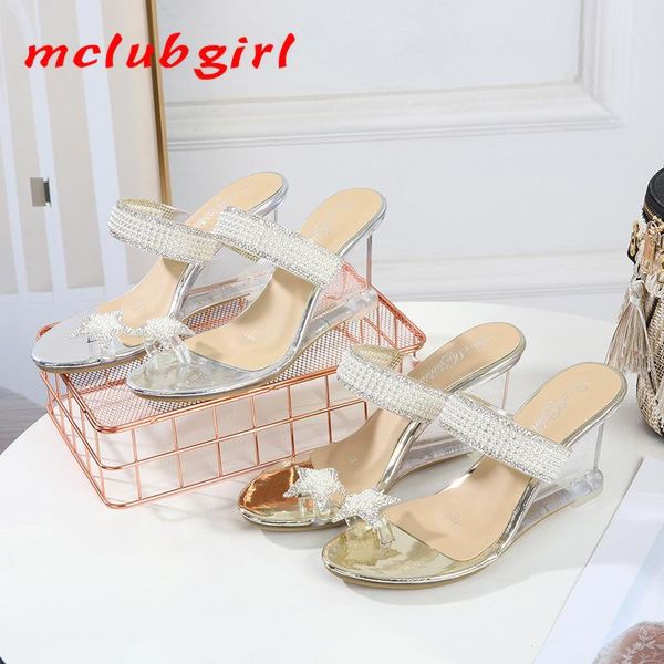

mclubgirl pearl clip toe slope and women's summer crystal transparent high-heeled shoes glass rhinestone heels lfd sandals, Black