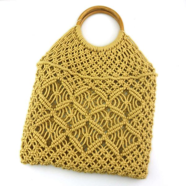 

wooden ring handle manual wax rope woven handbag crochet bag