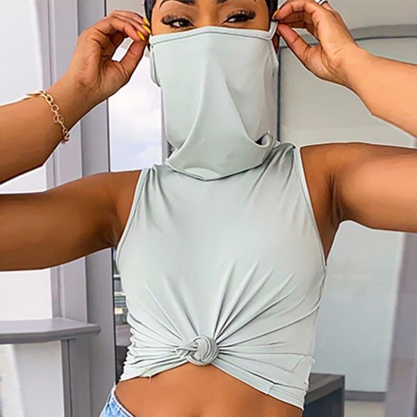 

women's t-shirt female summer casual t-shirts slim sleeveless turtleneck mask ladies fashion solid color streetwear, White