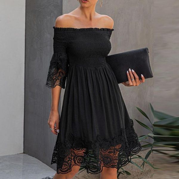 

casual dresses temperament women summer dress ladies a-line lace stitching off shoulder horizontal collar black for party, Black;gray