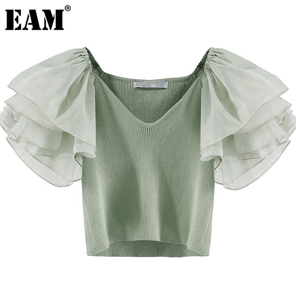 

[eam] knitting green spliced sweater loose fit v-neck short ruffle sleeve women pullovers fashion spring summer 1dd7460 210512, White