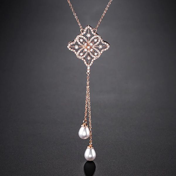 

french elegant rose gold color cz long tassel thin chain square pendant necklace for women girls sweater choker jewelry necklaces, Silver