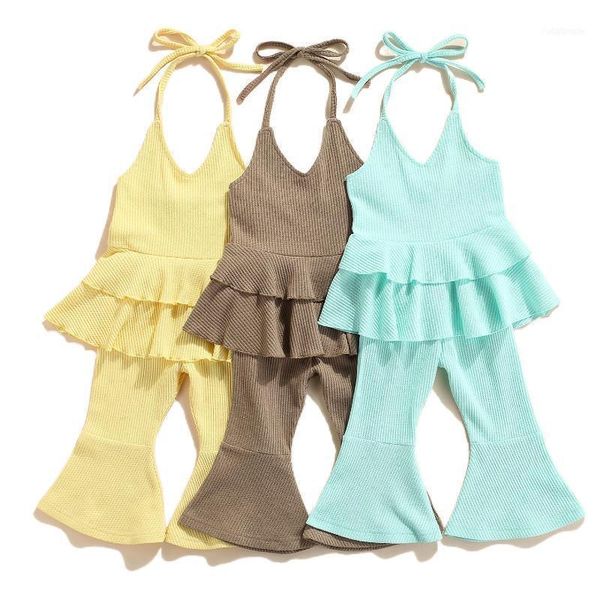 

clothing sets fashion kids baby clothes set summer halter sleeveless ruffle cami flare pants solid color casual outfits1, White