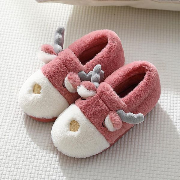 

winter home warm fur slippers for kids cute 3d deer animal plush shoes non-slip indoor boys girls furry slipper, Black;grey