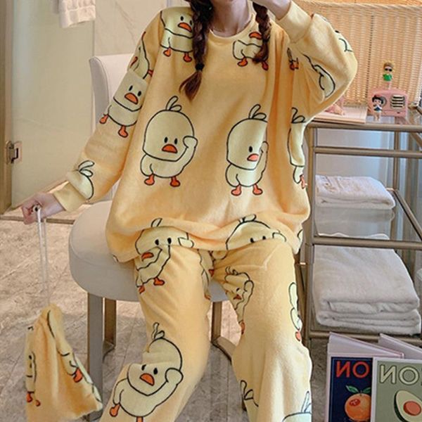 

kawaii cow and duck print womens sleepwears fall winter warm flannel pyjamas sets thick coral velvet long sleeve sleepwear pajamas, Black;red