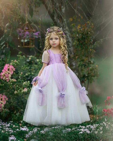 

2022 flower girls' dresses for weddings square neck short sleeves princess party birthday gowns with handmade flowers tulle pageant dre, White;blue