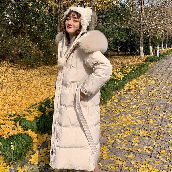 

down special price han xia shiwen same paragraph fox big fur collar long section over the knee belt down jacket women, Black