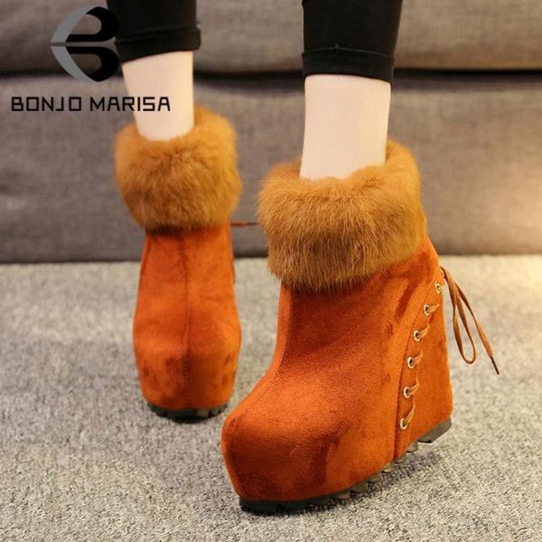 

boots bonjomarisa arrival female platform solid zipper ankle women warm plush wedges design fluffy winter shoes woman, Black
