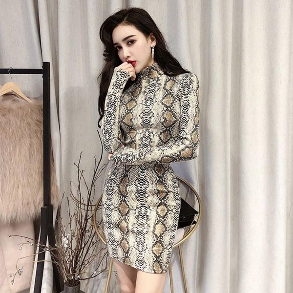 

women snake print dress turtleneck long sleeve tight slim feme casual dresses, Black;gray