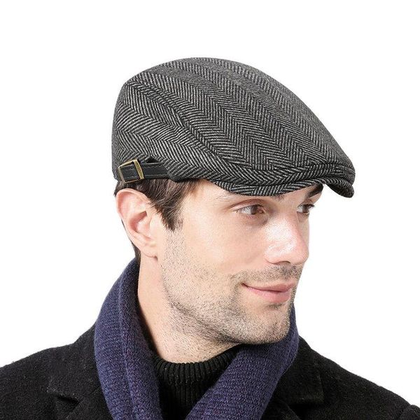 

berets autumn winter beret hat for men thick warm woolen felt sboy caps middle-aged retro painter cap flat herringbone driving hats, Blue;gray