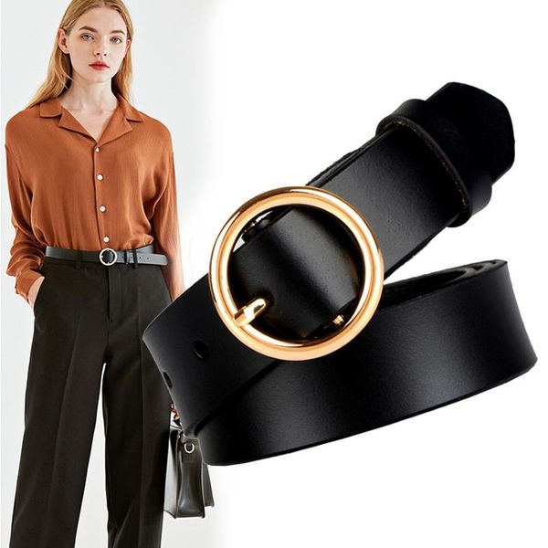 

belts classic retro fashion all-match leather black round buckle simple circle pin 2.5cm wide for women jeans female, Black;brown