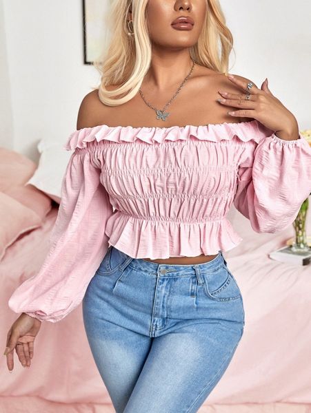 

ruffle detail off the shoulder bishop sleeve p17n#, White