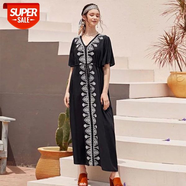

2021 elegant embroidered black cotton tunic women beachwear kaftan v-neck butterfly sleeve summer dress beach coverup q1042 #wa2x, Black;gray