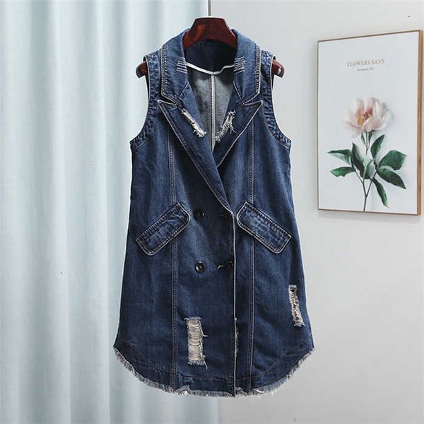 

women's vests long section sleeveless denim jeans vest coat double breasted tassel broken hole jackets 1lmo, Black;white