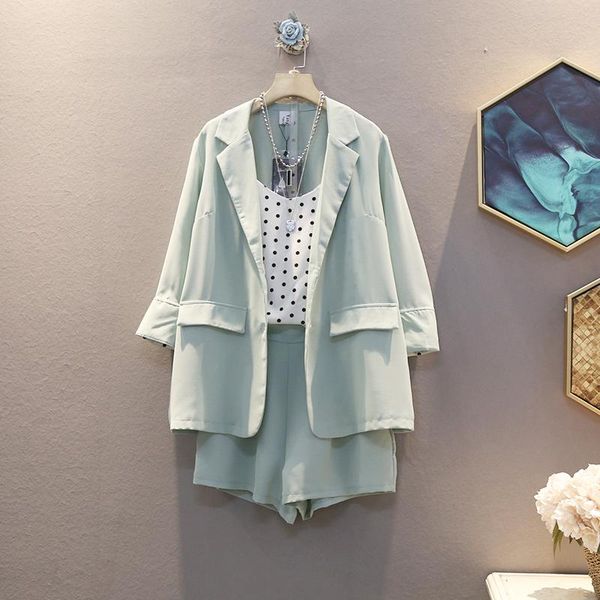 

[ewq] 2021 spring summer arrivals turn down collar three quarter sleeve coat loose shorts women casual threepiece set 979 two piece dress, White