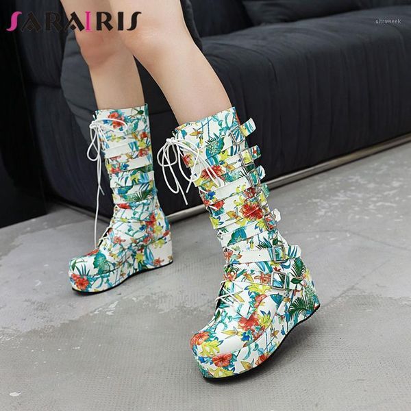 

boots sarairis arrivals plus size 33-46 wedge high heels buckles shoes woman female platform mid calf women1, Black