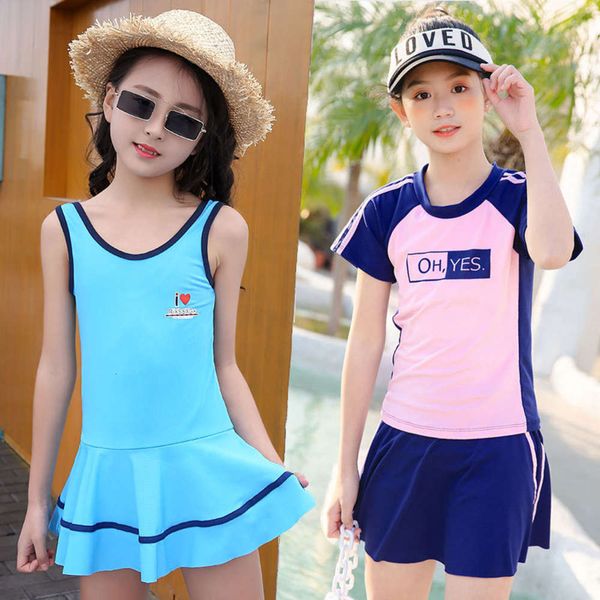 

children's swimsuit girl's one-piece skirt conservative little girl middle and big child korean princess lovely foreign style, Blue