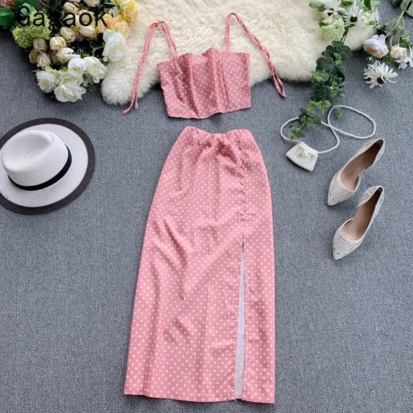 

gagaok women & club two piece set 2021 summer strapless polka dot navel draped + slim bodycon wild sweet skirt dress, White