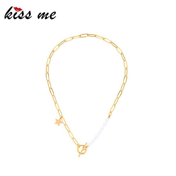 

kissme baroque cultured pearl splicing link chain necklaces for women gold color star charms t-bar fashion jewelry pendant, Silver
