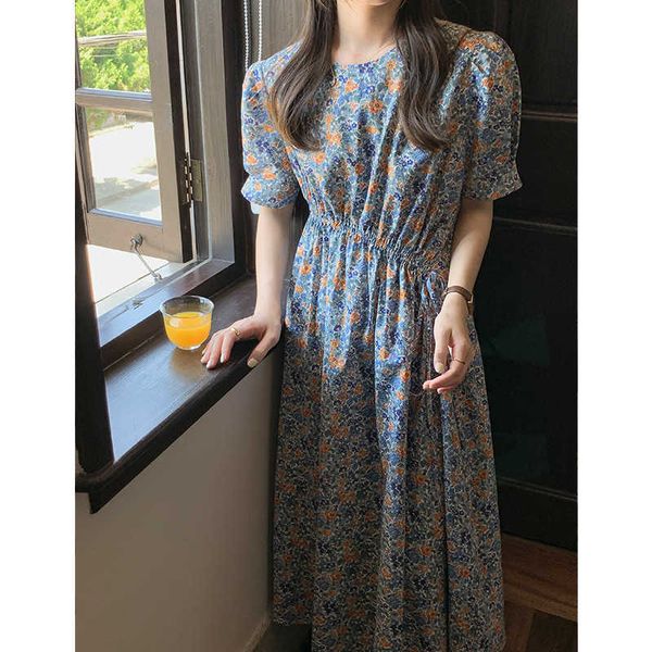 

drawstring french floral drs irregular waist fold mid length skirt bubble sleeve crew neck fashion 20395, Black;gray
