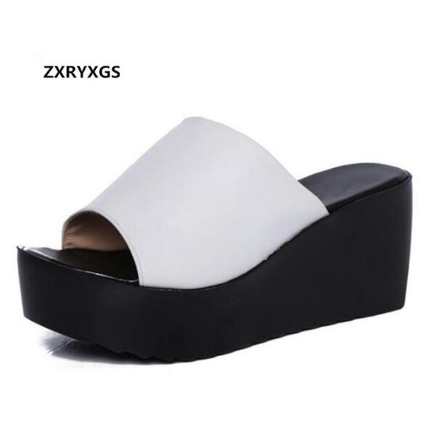 

elegant and comfortable genuine leather slippers summer women sandals 2021 platform wedges high heels, Black