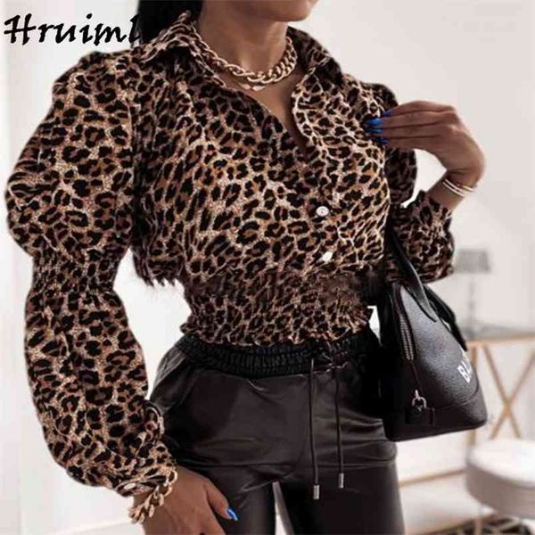 Abbigliamento donna Camicetta Stampa leopardata Top sexy per la moda Casual Colletto rovesciato Camicie a maniche lunghe Autunno 210513