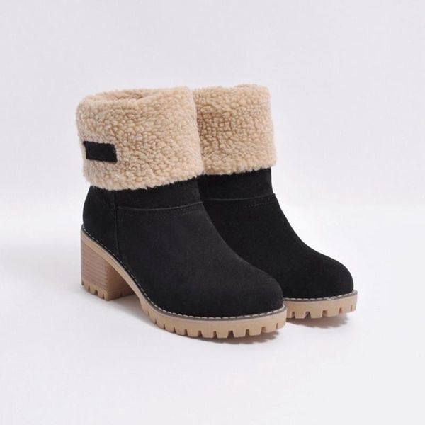 

boots 2021 women's shoes snow ladies winter flock ankle high heels platform short fashion warm bootie outside, Black
