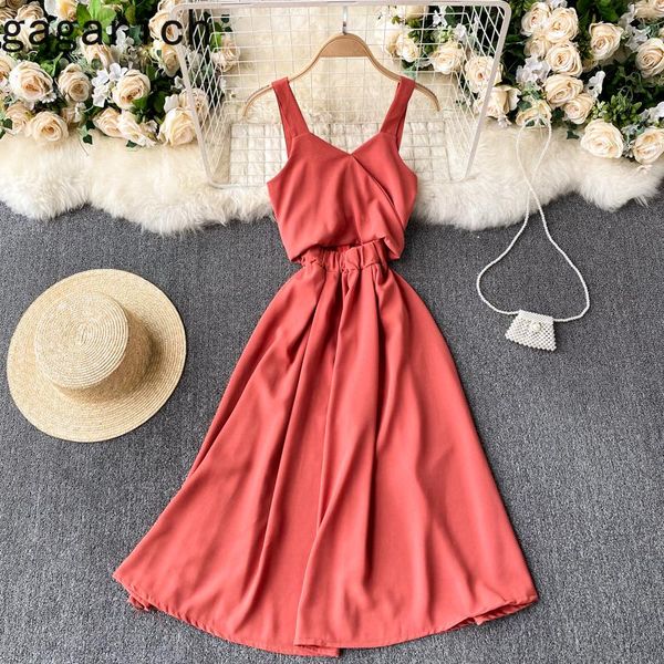 

gagarich women dress 2021 spring summer french sweet ladies v-neck strapless waist-hollow design a-line chiffon vestidos casual dresses, Black;gray