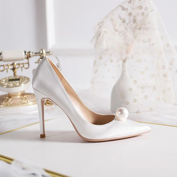 

dress shoes spring women wedding high heels white bride silk pearl pumps point toe thin red party, Black