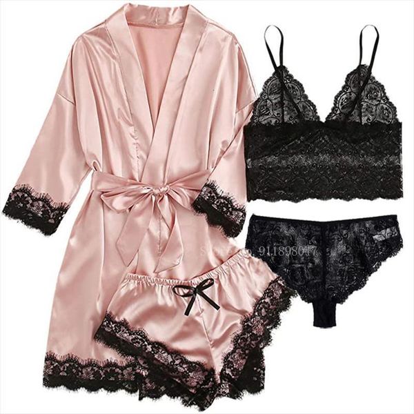 

pink 4pcs lace robe women sleepwear pajamas sets trim satin silk sling nightwear pyjama spaghetti strap sleep lounge, Black;red