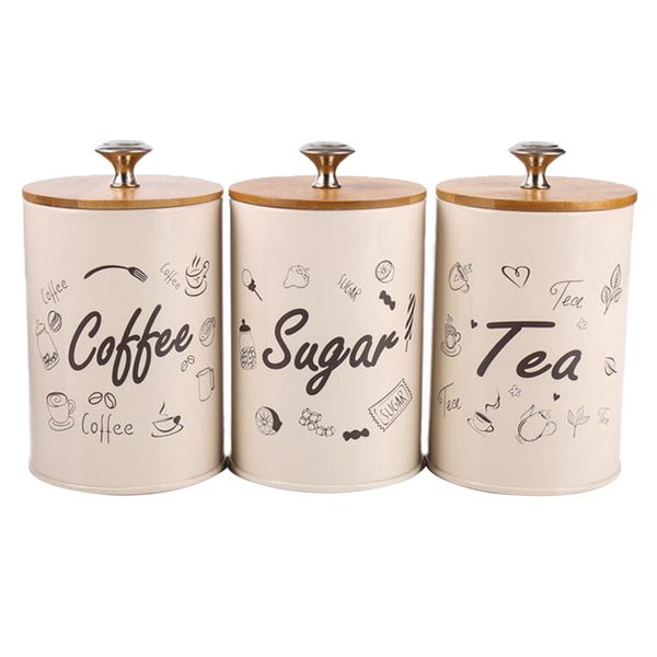 3 pezzi / set barattoli, barattoli di zucchero / caffè / tè, metallo ferro 1L casa cucina organizzatore di stoccaggio caramelle scatola di lattine sigillate