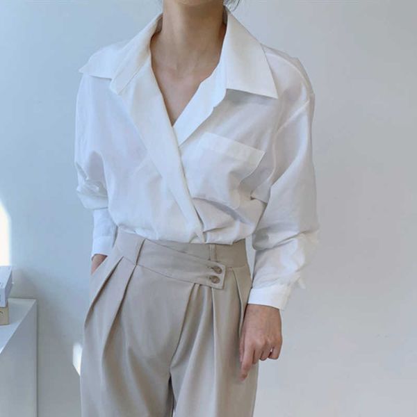 

mozuleva spring summer women's blouse shirt solid elegant korean vintage oversize irregular wild lady pink 210706, White