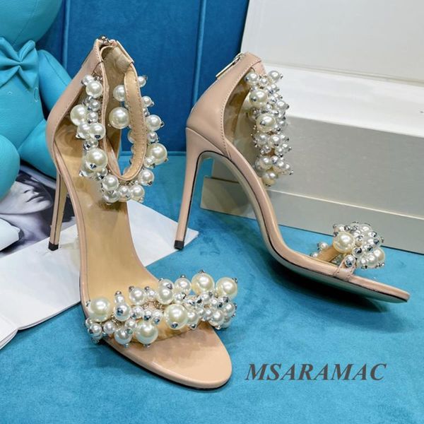 

sandals white pearl beaded round peep toe high heel summer leather woman dress shoes street ladies party, Black