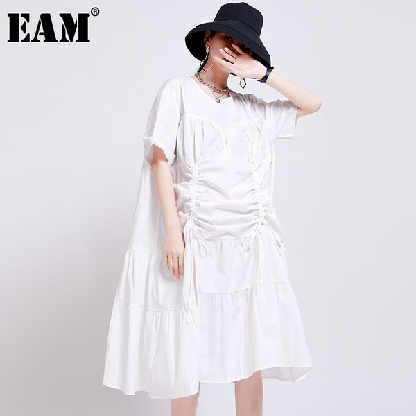 

[eam] women white drawstring pleated big size dress round neck half sleeve loose fit fashion spring summer 1w187 210512, Black;gray