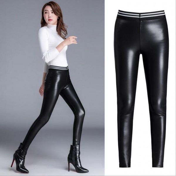 

women's leggings womens pu leather pants high elastic waist not crack slim fleece trousers women fashion 202101, Black