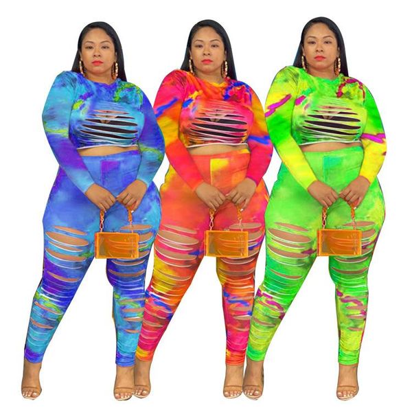 

women's two piece pants plus size women sweatsuits set tracksuits tie-dye print suits casual hollow out club crop skinny jogger ou, White